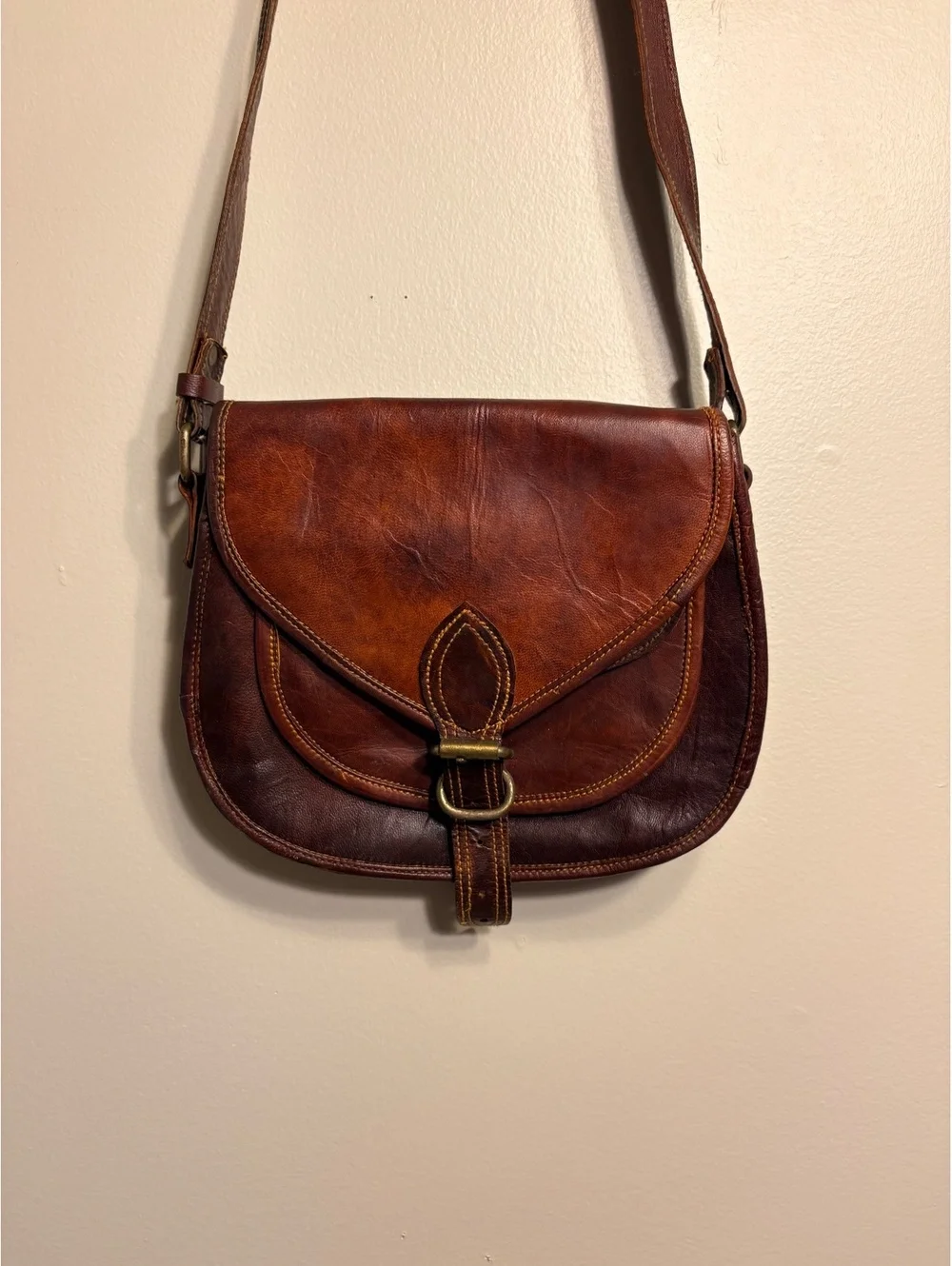 Vintage Brown Leather Crossbody Bag w/ Green Lining Purse WhimsyGoth Goblincore